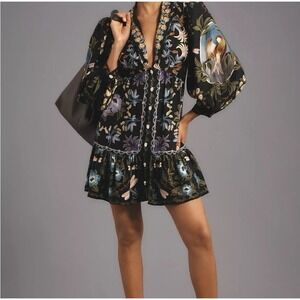 Farm Rio Womens Dress WInter Garden Mini Long Sleeves Black XS Dragon Fly Floral